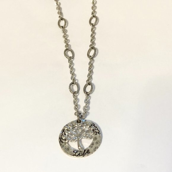 Tree of Life Pendant Necklace 18-21" Chain Message LIFE Silver Tone Serenity - Picture 6 of 11
